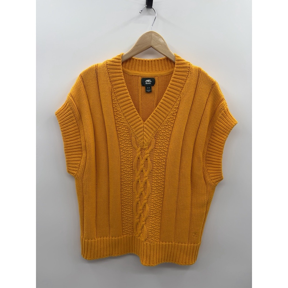 Roots Canada Womens Size Medium V Neck Cable Knit Capped Sleeve Sweater Yellow